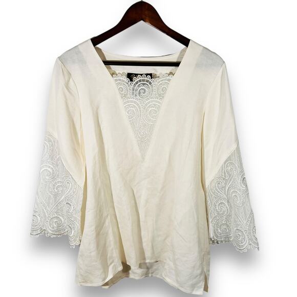 Bob Mackie Ivory Linen Tunic Lace Sleeve Boho Romantic Resort Coastal Medium - Picture 2 of 9